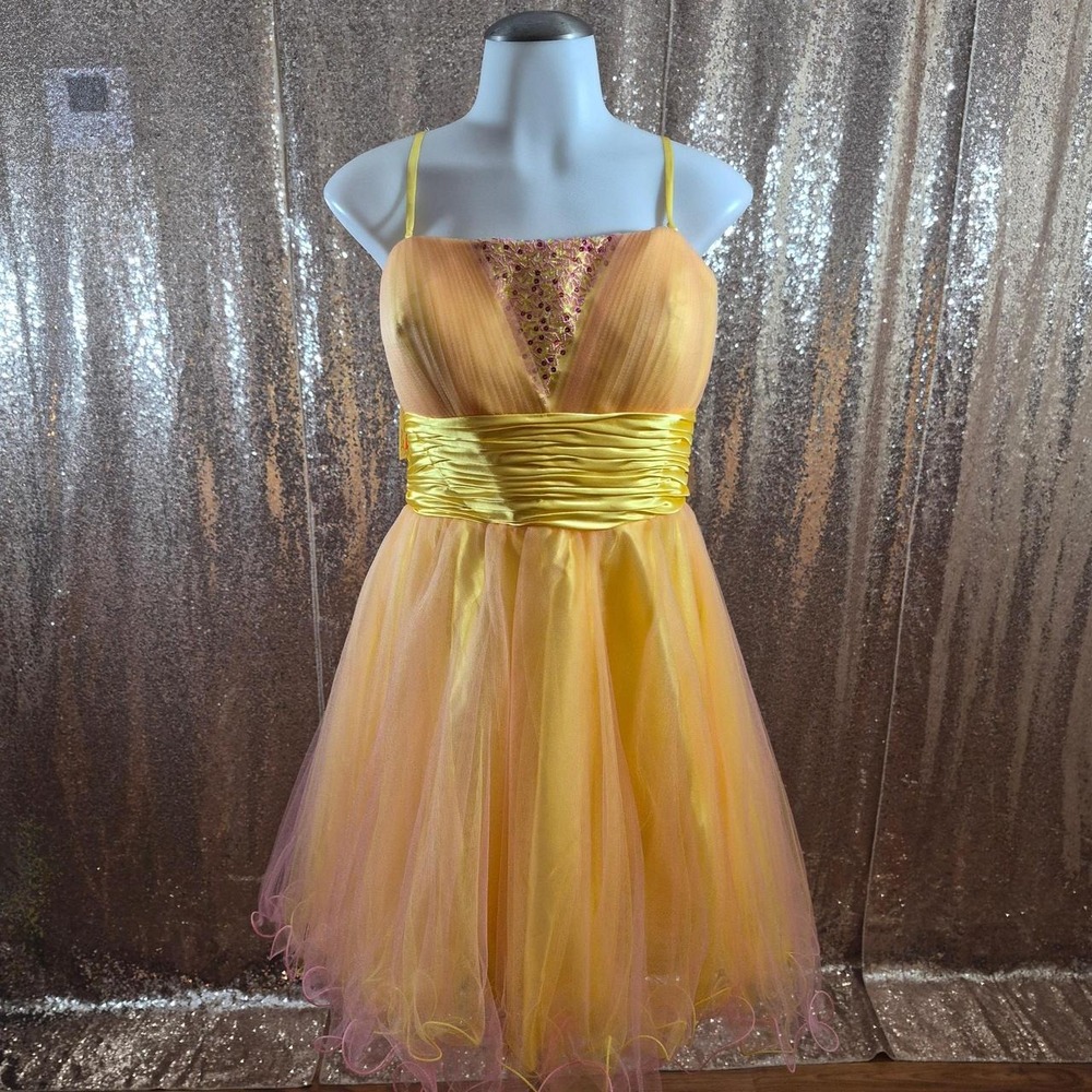 Poly USA Yellow Pink Ombre Sequin Mini Dress Ruched HoCo Sweet 16 NWT/Size 2XL